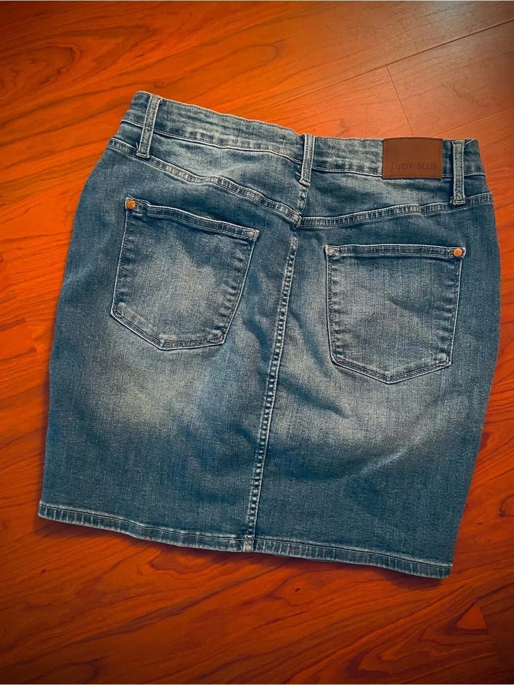 JUDY BLUE Short Denim Jean Skirt Blue Mini Medium Wash Stretch Pockets sz 1X
